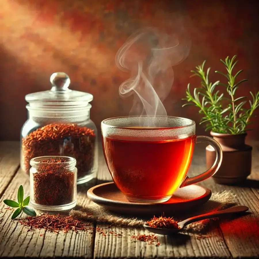 Rooibos tea leaves and a steaming cup of red bush tea